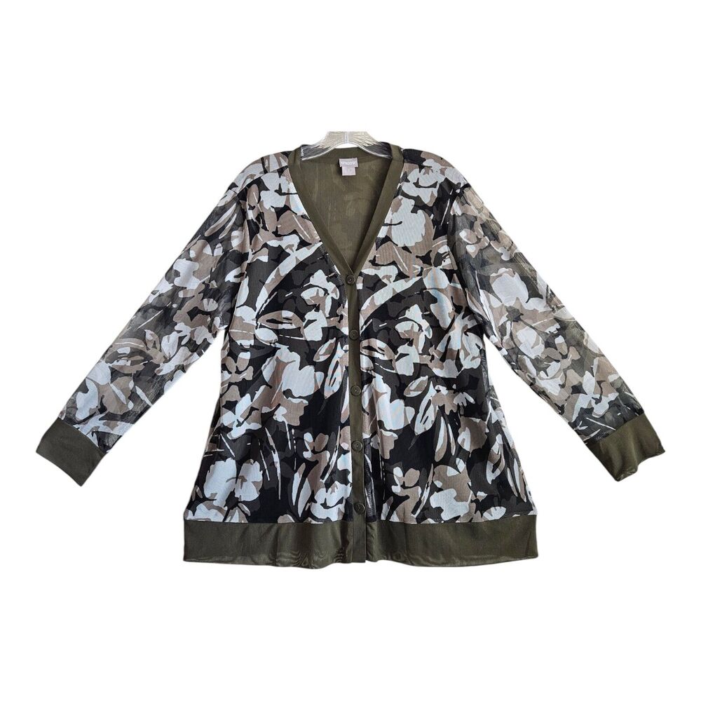 CHICO'S 3 Women's 16 XL Cardigan Top Mesh Olive Green Camo Floral Button Up 46"